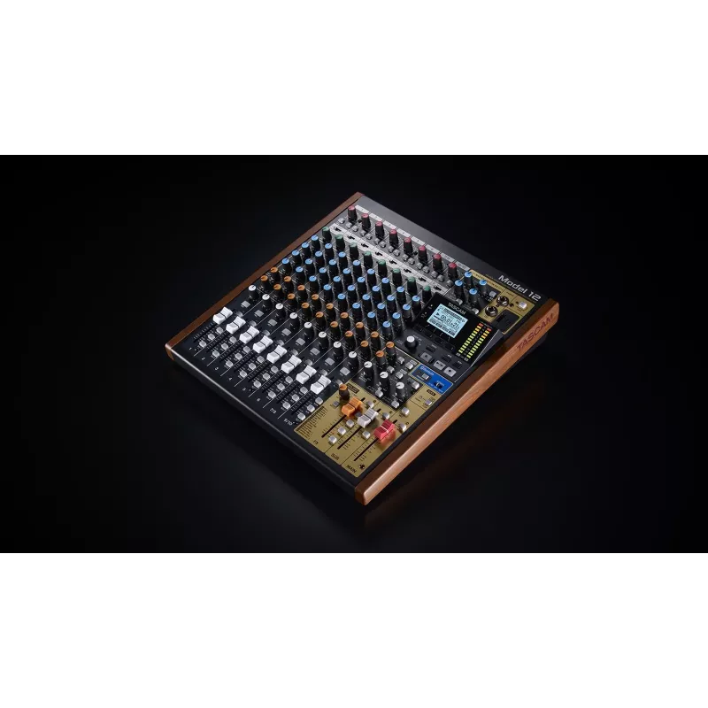Tascam Model 12 10 kanālu mikseris ar 12 celiņu ierakstītāju, 20–20000 Hz, melns/koks