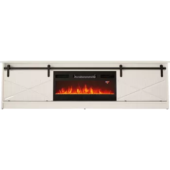 TV skapis ar elektrisko kamīnu Cama Meble GRANERO modelis RTV GRANERO + KOM B/B, 200x56.7x35 cm, balts/spīdīgi balts, 2 durvis, 2 plaukti, MDF/skaidu plātne