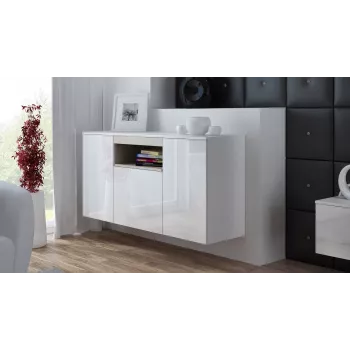 Sideboard Cama Meble VIVA 150 — balts/matēts balts un sonoma ozols, 3 durvis, 5 plaukti, 1500×450×800 mm