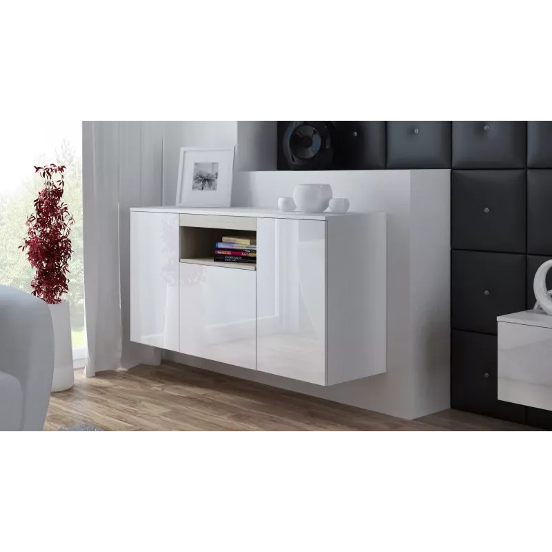 Sideboard Cama Meble VIVA 150 — balts/matēts balts un sonoma ozols, 3 durvis, 5 plaukti, 1500×450×800 mm