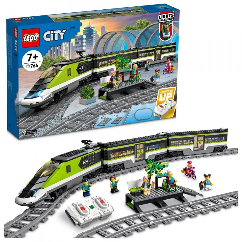 LEGO 60337 City Express Pasažieru Vilciens Ar Tālvadību, Darba Lukturiem, 2 Vagoniem Un 24 Sliedes Gabaliem