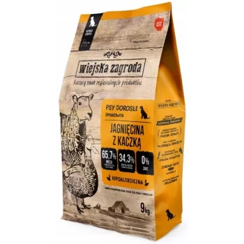 Sausā suņu barība wiejska zagroda Adult Small Lamb with Duck 9 kg — bezgraudu, 34% olbaltumvielas, 23% tauki