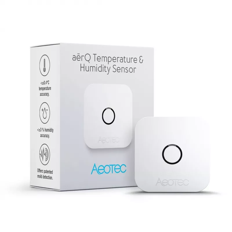 Iekštelpu temperatūras un mitruma sensors AEOTEC AEOEZWA039 — brīvi stāvošs, ar baterijām, 34×34×17 mm