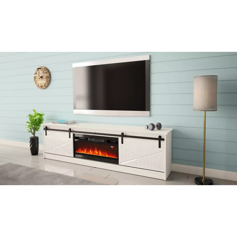 TV skapis ar elektrisko kamīnu Cama Meble GRANERO modelis RTV GRANERO + KOM B/B, 200x56.7x35 cm, balts/spīdīgi balts, 2 durvis, 2 plaukti, MDF/skaidu plātne