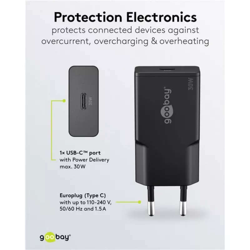 Goobay USB-C™ PD GaN ātrais lādētājs Slim (30 W) melns