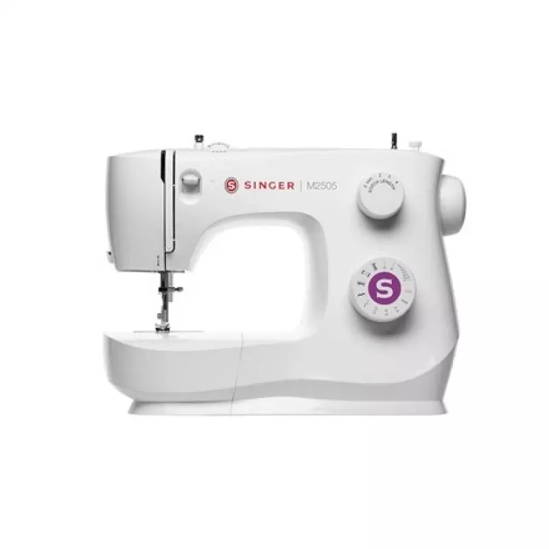 SINGER M2505 mehāniskā šujmašīna — 10 šuvi, automātiskais pogcaurums, brīvā roka, balta