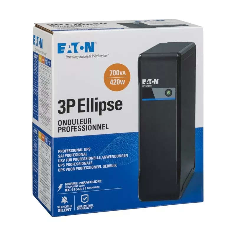 Nepārtrauktās barošanas avots Eaton 3P Ellipse 0.7 kVA (420 W), Standby, 4 AC kontaktligzdas, 7 Ah akumulators, Tornis, Melns