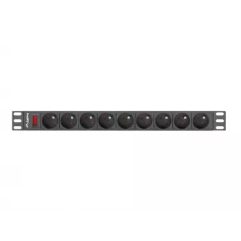 Strāvas sadales bloks LANBERG PDU-09E-0300-BK — 9x E tipa kontaktligzdas, 16 A, 220–250 V, 3 m kabelis, 1U, 19 collas