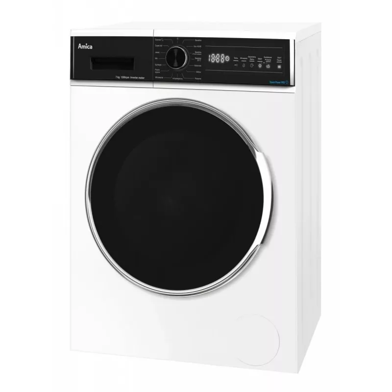 Brīvi stāvoša veļas mazgājamā mašīna AMICA WA3S712BLiSHB, 7 kg, 1200 RPM, 2100 W, LED displejs, Melnas durvis