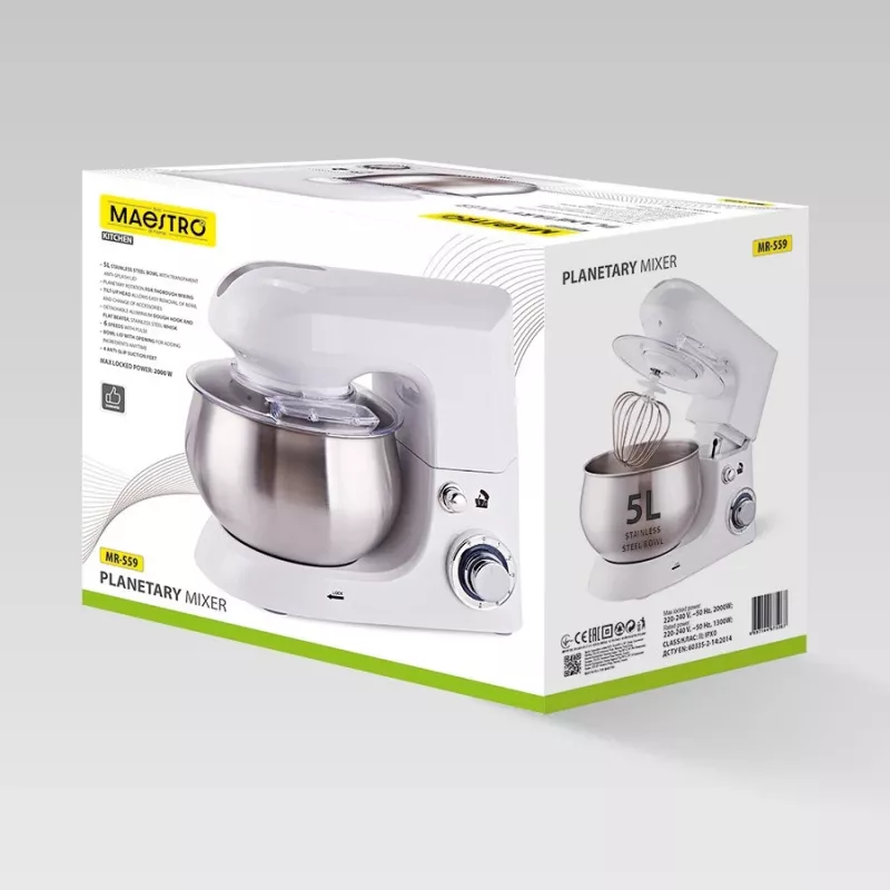 Planetārais mikseris Maestro MR-559, 5,0 L nerūsējošā tērauda bļoda, 2000 W, 6 ātrumi, rotācijas vadība