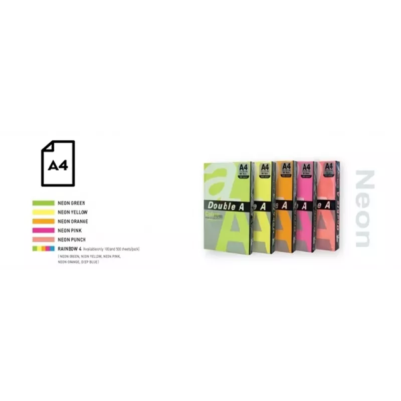 Krāsains neona papīrs Double A, 75g, A4, 100 loksnes, Rainbow 4, 5 neona krāsas