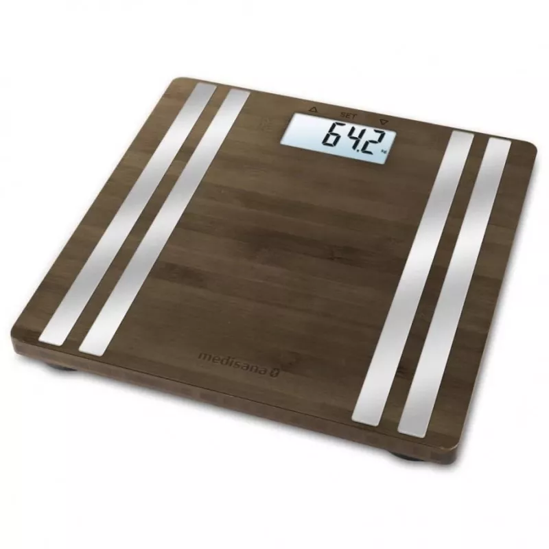 Medisana BS 552 elektroniskie personīgie svari — sudraba bambusa virsma, maks. 180 kg, 100 g precizitāte, Bluetooth, ĶMI, ķermeņa sastāvs