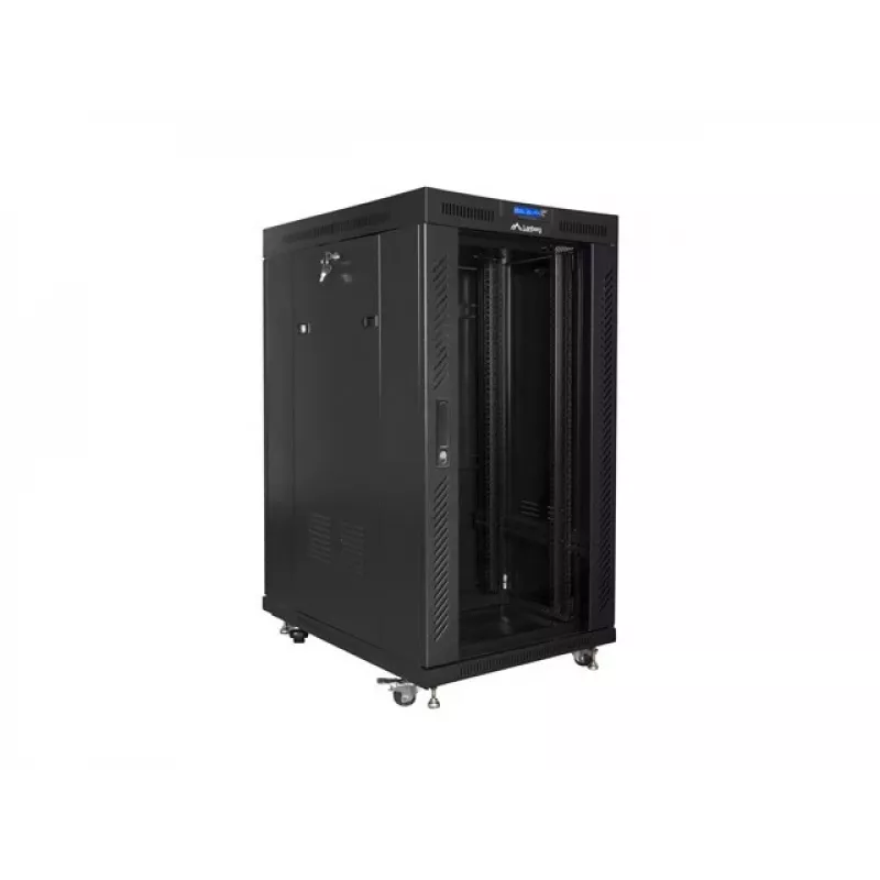 Brīvi stāvošs 19 inch skapis 22U 800x1000 ar stikla durvīm un LCD displeju (plakanā iepakojumā) V2 melns