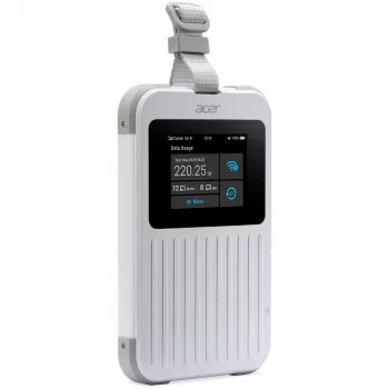 Pārnēsājams maršrutētājs Acer Connect M6E ar 20GB, divjoslu (2.4 GHz + 5 GHz vai 2.4 GHz + 6 GHz), Wi-Fi 6E, 5G, IP68, 2x2 iekšējās antenas, 4GB RAM, 2.5 GHz CPU