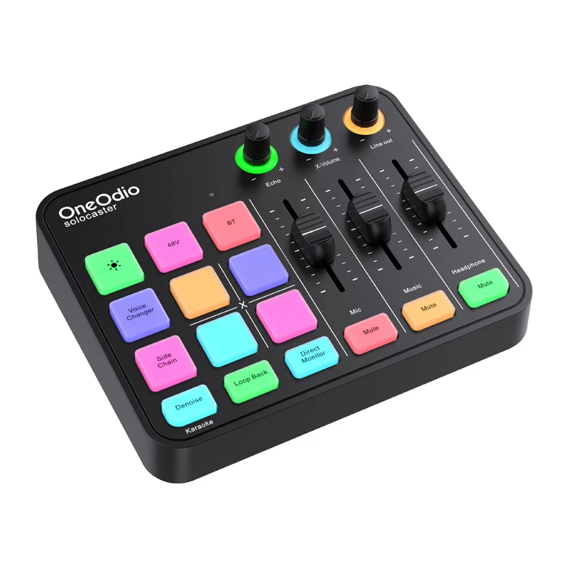 Audio mikseris un USB skaņas karte OneOdio Solocaster — kompakts darbvirsmas interfeiss straumēšanai un ierakstīšanai