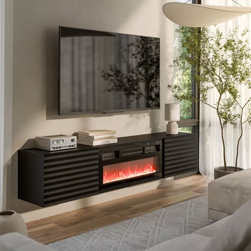Cama RTV skapis TULA 183x35x37 melns matēts + melns kamīns