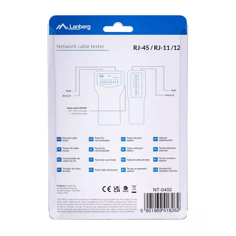 PoE tīkla kabeļu testeris LANBERG NT-0402 ar RJ-45/RJ-11 atbalstu, LED indikatoriem