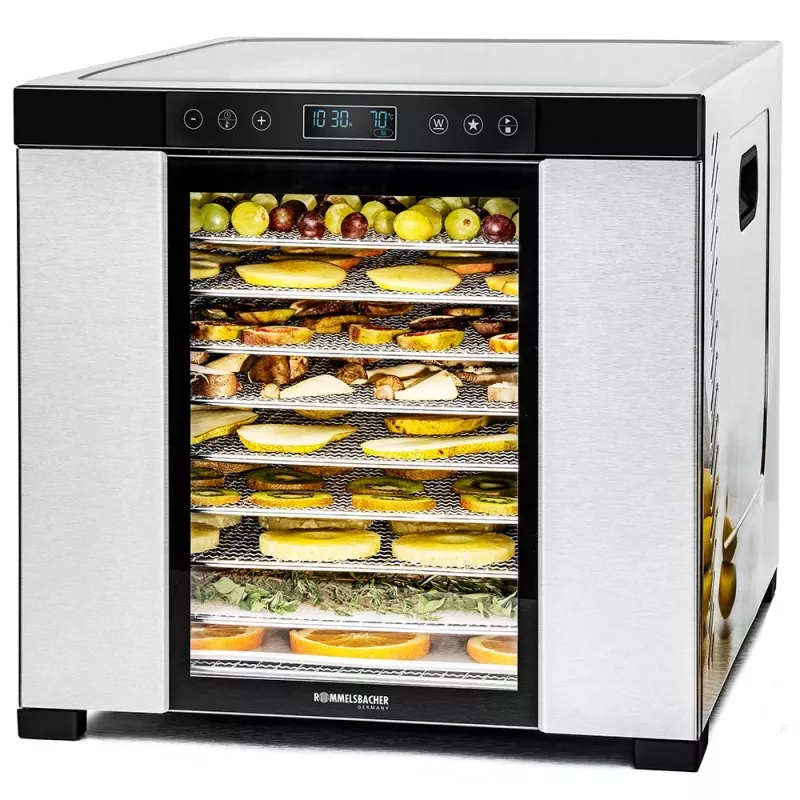Pārtikas žāvētājs Rommelsbacher DA1050, nerūsējošais tērauds, 10 paplātes, 35–75 °C, 99 h taimeris, 1.6 m²