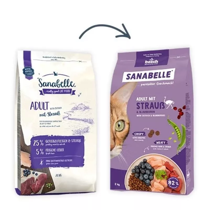 Sausā barība kaķiem Bosch Sanabelle Life Adult — strauss un mellenes, 8 kg, 31% olbaltumvielu, 16% tauku