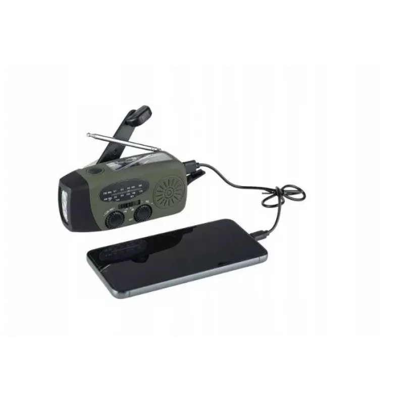 Ārkārtas radio FOSCO 464600 ar LED lukturīti, power bank, FM, IPX3, saules/manuālo/USB-C uzlādi — zaļš/melns