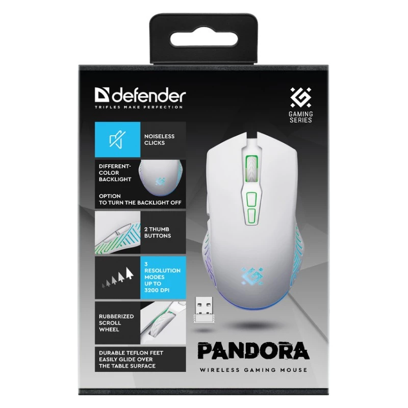 Bezvadu spēļu pele DEFENDER Pandora White — ambidekstrāla, 3200 DPI, 6 pogas, programmējama, optiska, USB