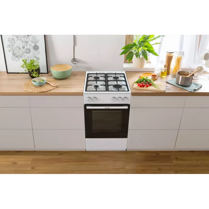 Brīvi stāvoša gāzes plīts ar cepeškrāsni Gorenje GG5A10WFFM — 4 degļu virsma, 70 L cepeškrāsns, emaljēta virsma, balta