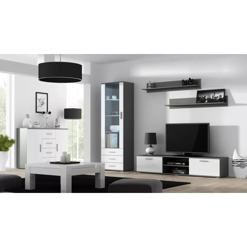 Sideboard Cama Meble UNI pelēks/balts spīdums, 2 durvis, 2 plaukti, 1320×380×920 mm