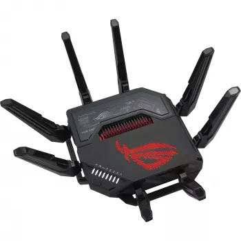 ASUS ROG Rapture GT-BE98 bezvadu maršrutētājs 10 Gigabit Ethernet četru joslu (2.4 GHz / 5 GHz-1 / 5 GHz-2 / 6 GHz) Melns