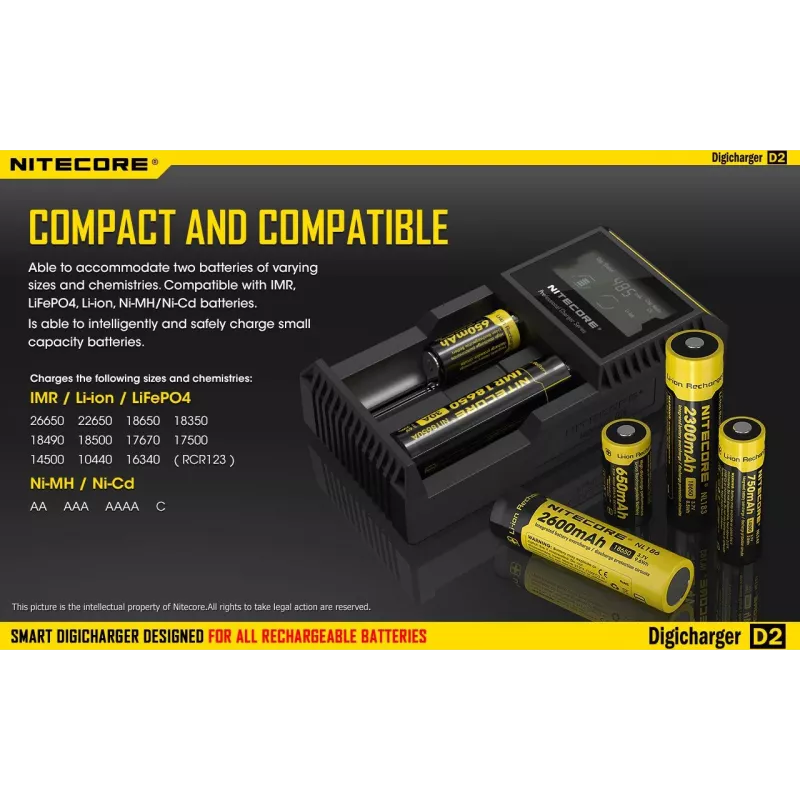 Akumulatoru lādētājs Nitecore D2 — 2 slotu lādētājs AA/AAA/AAAA/C baterijām, 100–240V ieeja, 4.2V izeja, melns