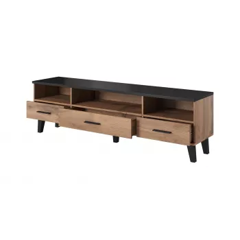 TV statīvs Cama Meble LOTTA 180 cm – Wotan ozola rāmis, matēti melna skaidu plātnes virsma, 1800×400×530 mm