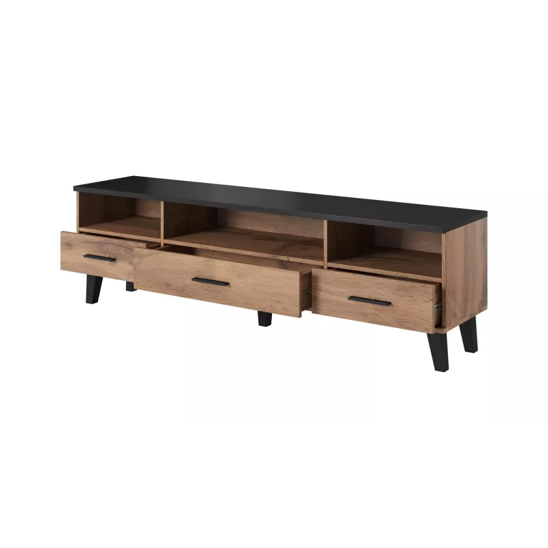TV statīvs Cama Meble LOTTA 180 cm – Wotan ozola rāmis, matēti melna skaidu plātnes virsma, 1800×400×530 mm
