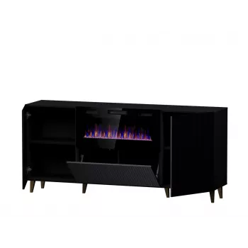 Kumode ar elektrisko kamīnu Cama Meble PAFOS 180x42x82 cm matēti melna, 3 durvis, 2 plaukti, 1400–1600 W