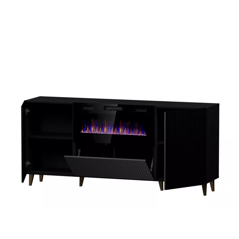 Kumode ar elektrisko kamīnu Cama Meble PAFOS 180x42x82 cm matēti melna, 3 durvis, 2 plaukti, 1400–1600 W