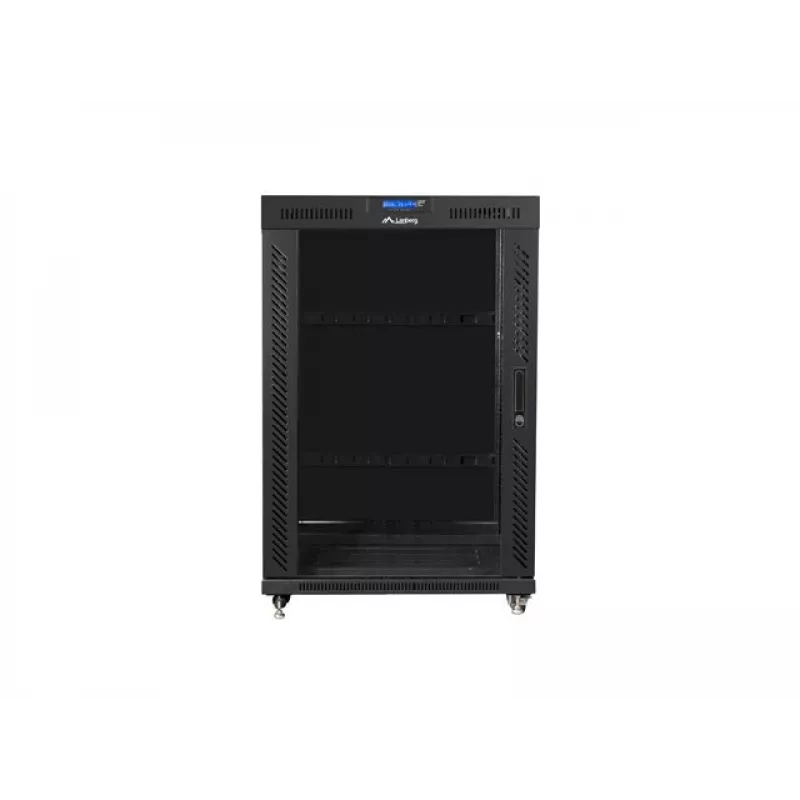 Brīvi stāvošs 19 inch skapis 22U 800x1000 ar stikla durvīm un LCD displeju (plakanā iepakojumā) V2 melns