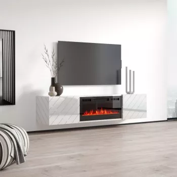 TV skapis cama meble LUXE 1826×345×375 mm balts spīdums ar iebūvētu melnu elektrisko kamīnu (1400–1600 W)