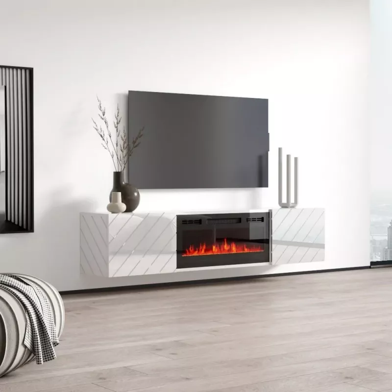TV skapis cama meble LUXE 1826×345×375 mm balts spīdums ar iebūvētu melnu elektrisko kamīnu (1400–1600 W)