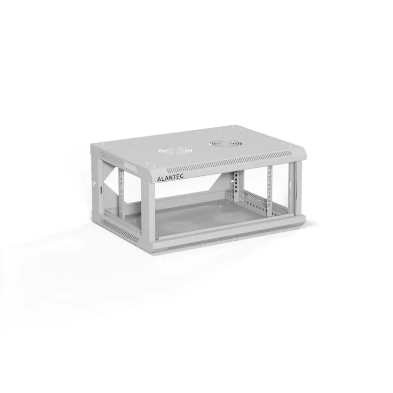 Pie sienas montējams 19 collu 4U tīkla skapis Alantec 600x450 mm ar stikla durvīm, noņemamiem aizmugures un sānu paneļiem