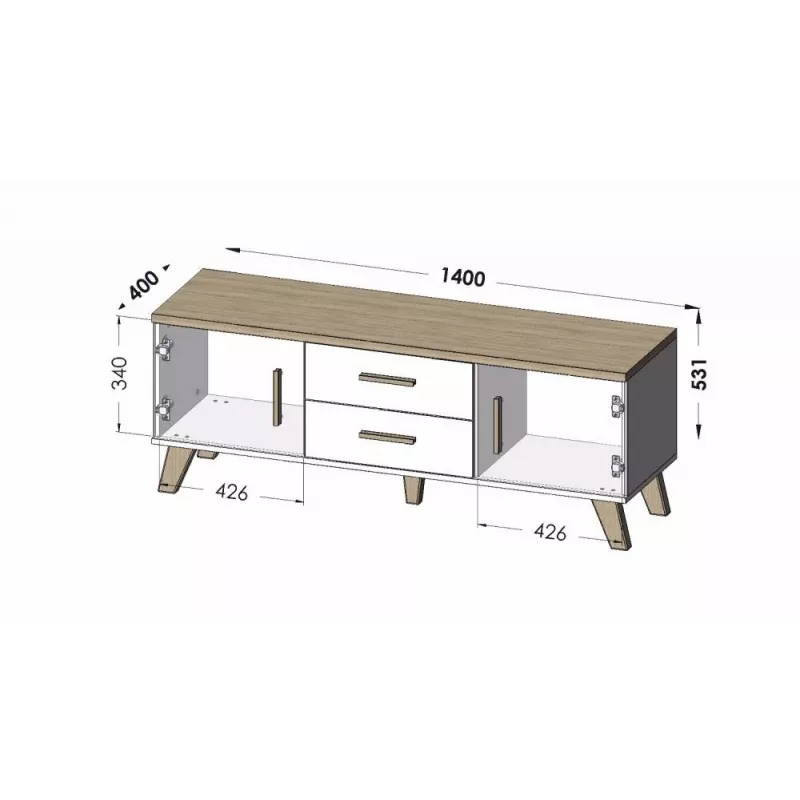 TV statīvs Cama Meble LOTTA 140 cm — wotan ozola rāmis, melna skaidu plātnes virsma, 1400×400×530 mm