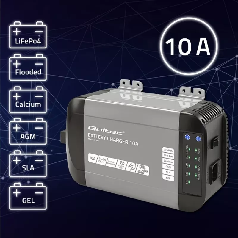 Qoltec 51952 viedais Monolith akumulatoru lādētājs LiFePO4/AGM/GEL/SLA, 10 A, 24 V