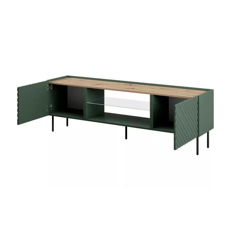 TV skapis ar elektrisko kamīnu Cama Meble ONDA 180.5×40×58.0 cm, skaidu plātne, zaļš, brīvstāvošs vai pie sienas