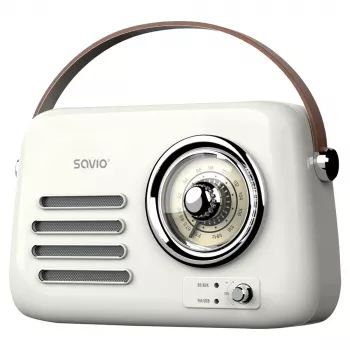 Pārnēsājamais radio SAVIO RS-02 — analogais FM uztvērējs, Bluetooth 5.3, USB barošana, 3 W, balts