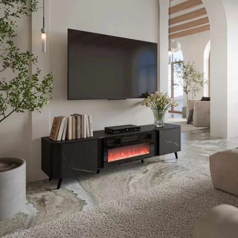 TV skapis Cama Meble Volare 200 x 39 x 49 cm, melns/san sebastian ar kamīnu