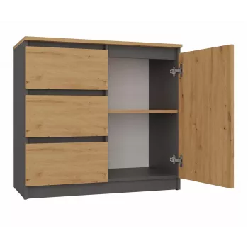 Kumode Topeshop 1D3S ANT/ART BA KPL — Antracīts un Ozols, 3 atvilktnes, skaidu plātnes rāmis