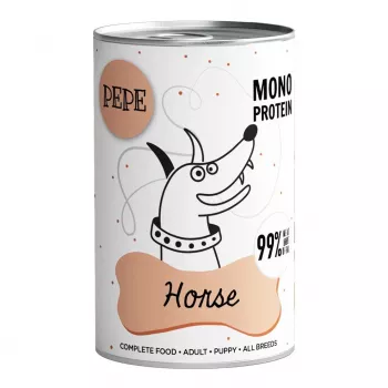 Slapjā suņu barība PAKA ZWIERZAKA Pepe Horse — 400 g skārdenē, pieaugušiem suņiem, viena proteīna avots, 10.9% olbaltumvielas, 4% tauki