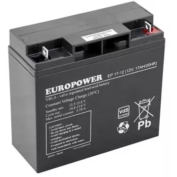 europower EP sērijas noslēgts svina-skābes AGM akumulators 12V 17Ah – kalpošanas laiks 6–9 gadi