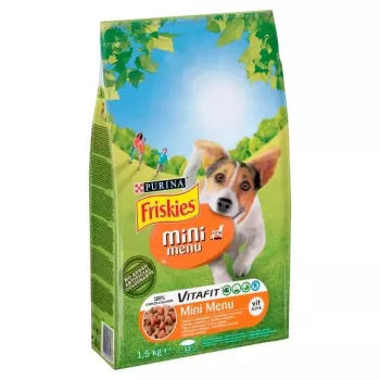 Sausā suņu barība Purina Nestle FRISKIES Mini Menu Vistas gaļa ar dārzeņiem 1,5 kg — pieaugušiem mazo šķirņu suņiem, 25% olbaltumvielas, 12% tauki