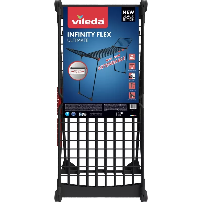 Veļas žāvētājs VILEDA Infinity Flex Ultimate teleskopiskais — melns, pārklāts alumīnijs, 30 m žāvēšanas vieta, salokāms, ar riteņiem