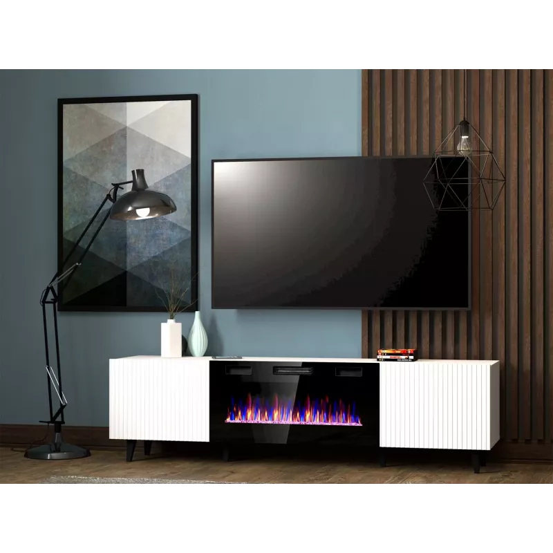 TV skapis Cama Meble PAFOS EF ar elektrisko kamīnu 180×42×49 cm, balts matēts