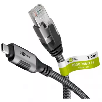 Wentronic goobay Tīkla kabelis - 24 kontaktu USB-C (vīrišķais) uz RJ-45 (vīrišķais) - 1,0 m - 6 mm - FTP - CAT 6 - USB 3.1 - pīts kabelis - Melns, Sudrabs (70696)