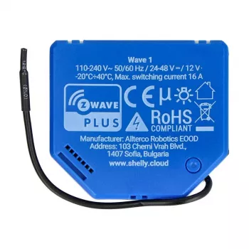 Viedais relejs Shelly Qubino Wave 1 Plastmasa 110–240V 16A, Z-Wave 868.4 MHz, zils, sienas montāža